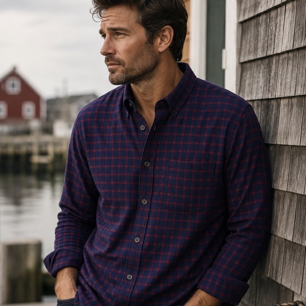 Wool & Prince Button Down Shirt Mens S Navy Red Plaid 100% Merino Wool Slim Fit